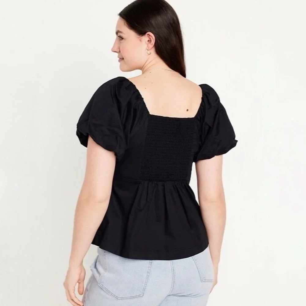 Old Navy Waist-Defined V-Neck Puff Sleeve Smocked Back Cotton Top Black Size XXL